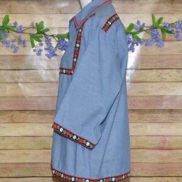 Vintage JC Penney Big Mac Blue Chambray Shirt Ladies M 70s Floral Trim Granny - Picture 7 of 12
